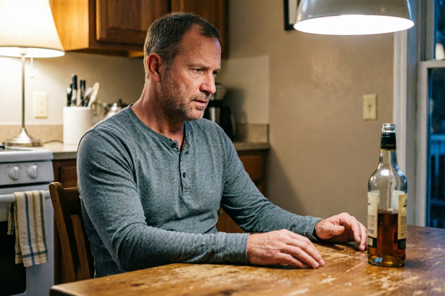 A man at a bright kitchen table at night, staring at a bottle placed farther away and trying not to go toward it.