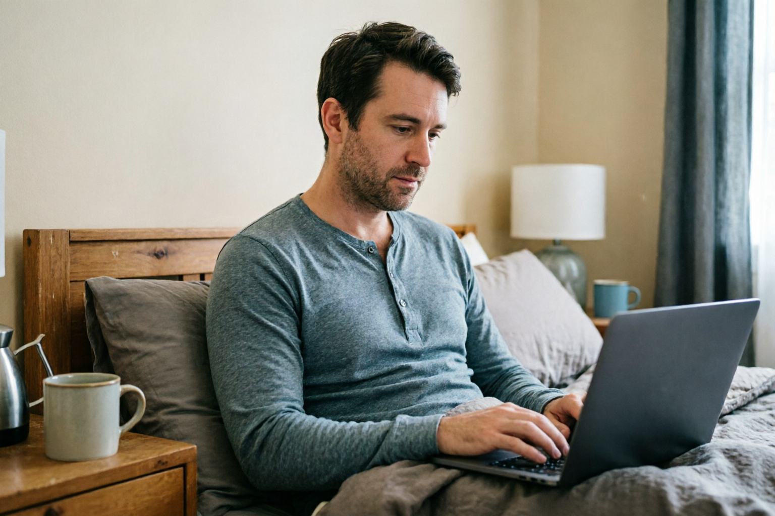 An adult delaying bedtime at home, slowing down before opening another distraction.