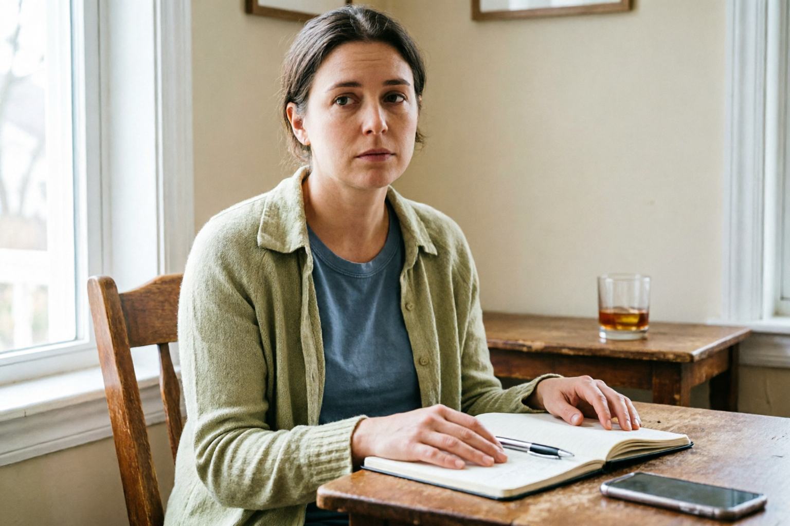 A woman at a table with a notebook, stuck in thought while an untouched drink sits nearby in the background.