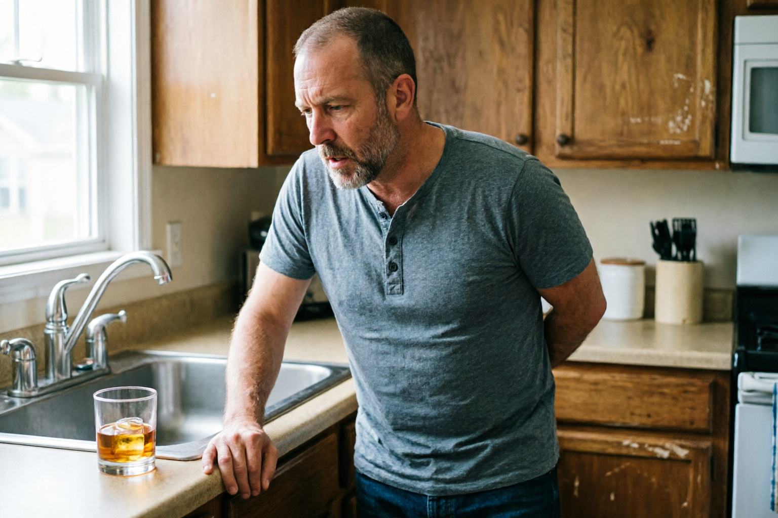 A man leaning on a kitchen counter and riding out a craving while a drink sits out of reach nearby.