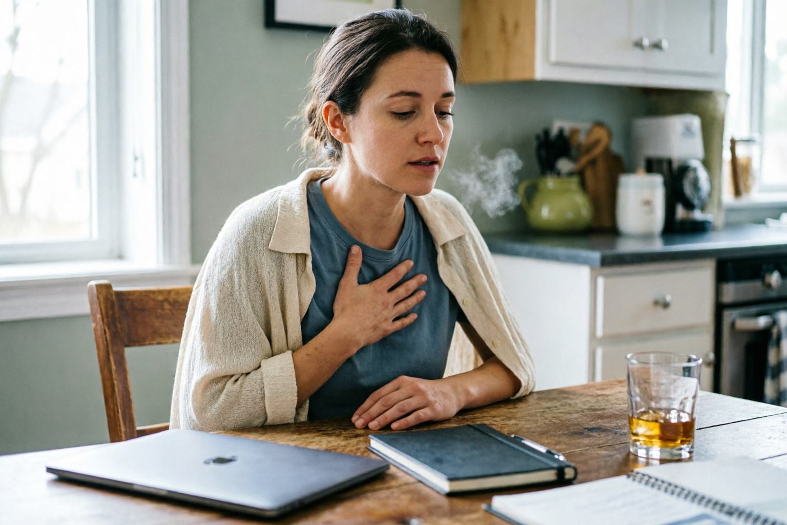 A stressed woman at a kitchen table with a closed laptop, trying to calm down while a drink sits untouched farther away.