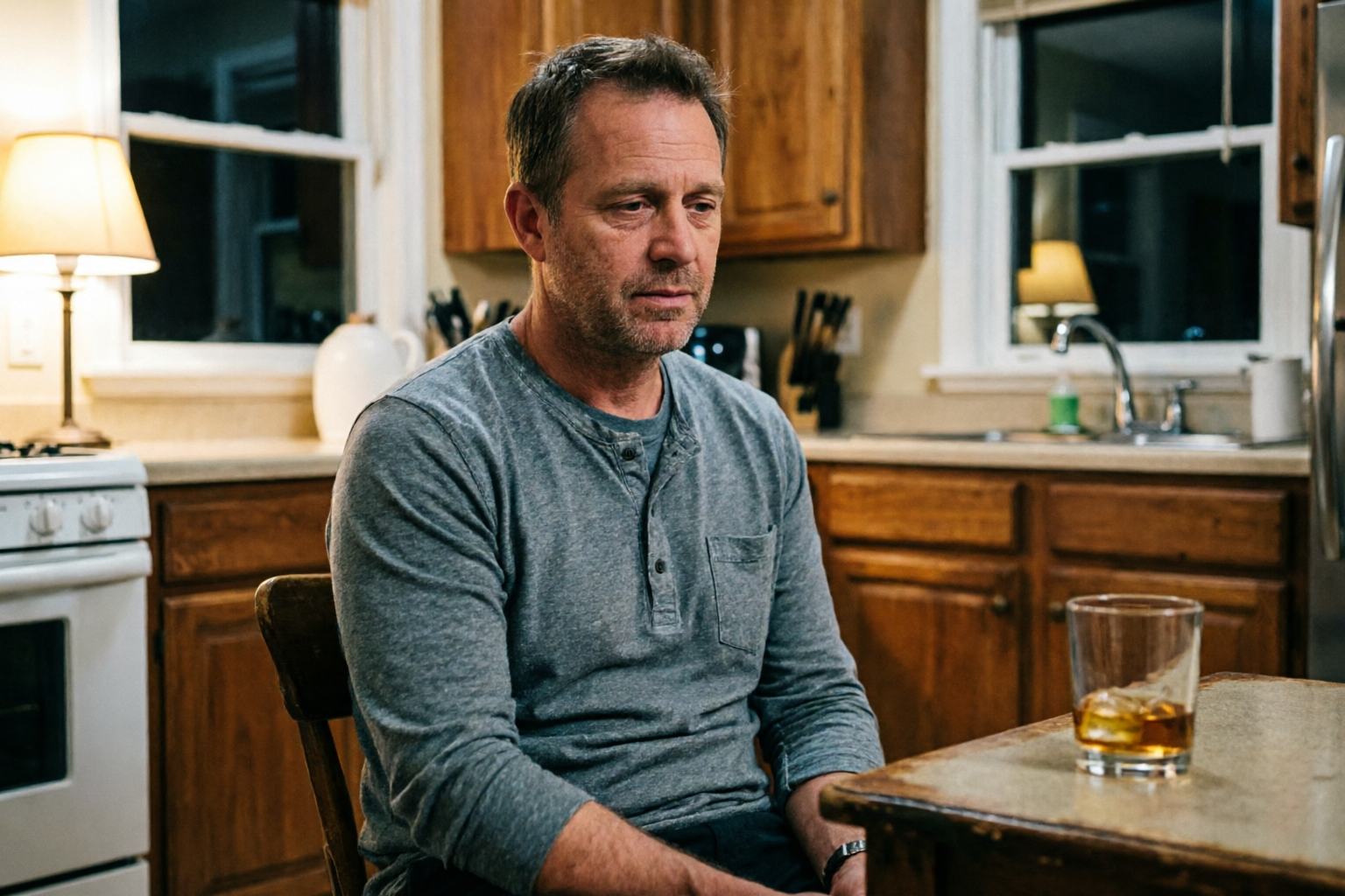 A man awake in a lit kitchen at night, looking toward a drink on a nearby table without touching it.