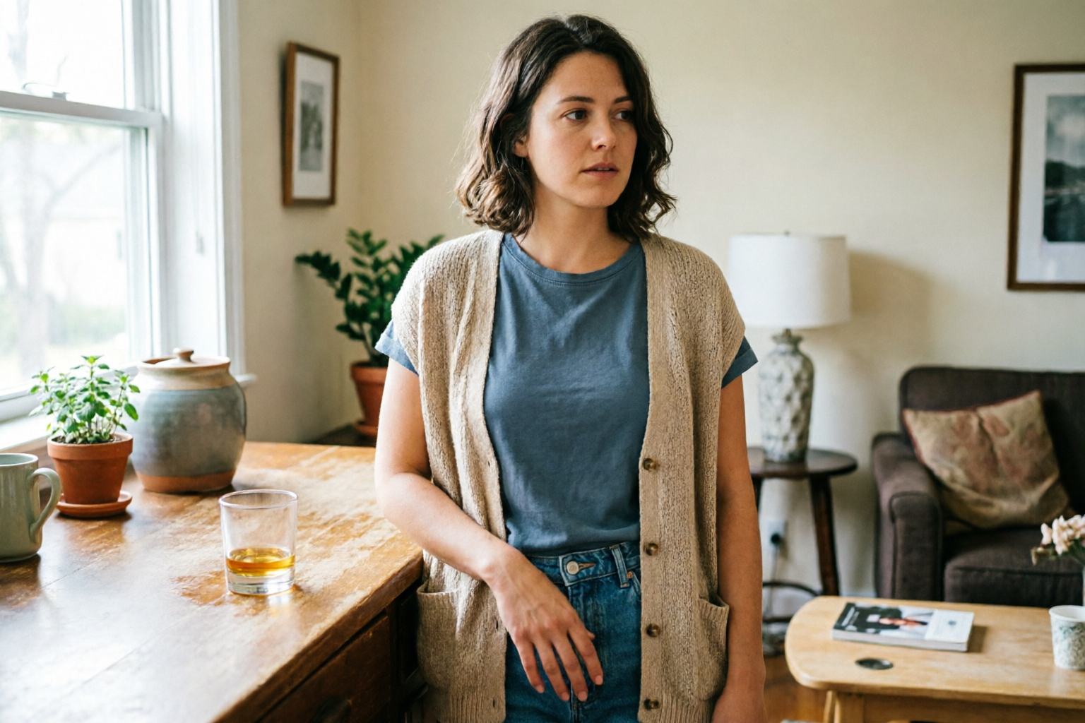 A woman in casual weekend clothes at home, noticing a drink on the counter and deciding not to follow the usual pattern.