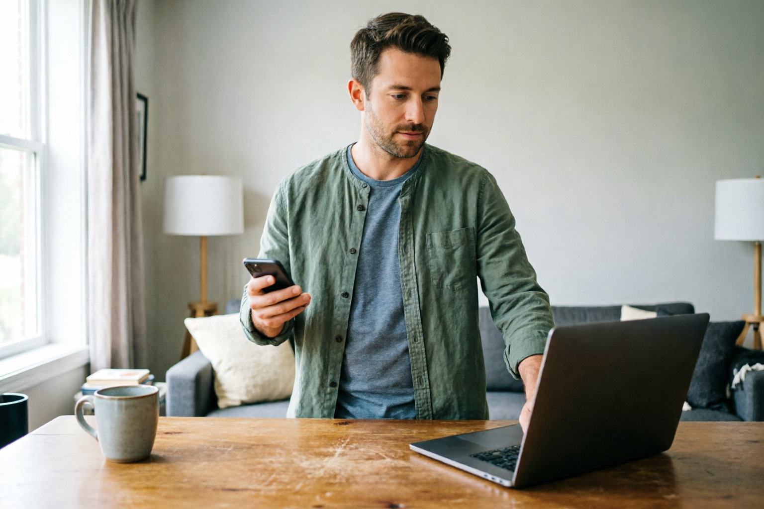 An adult at home interrupting an impulse purchase by stepping back from a device before checkout.