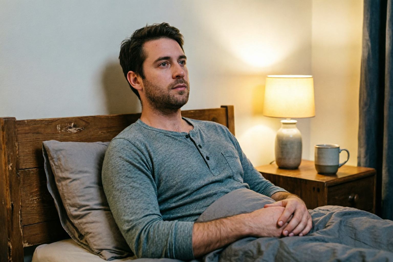 An adult awake at night, overthinking and trying to settle the next few minutes instead of spiraling further.