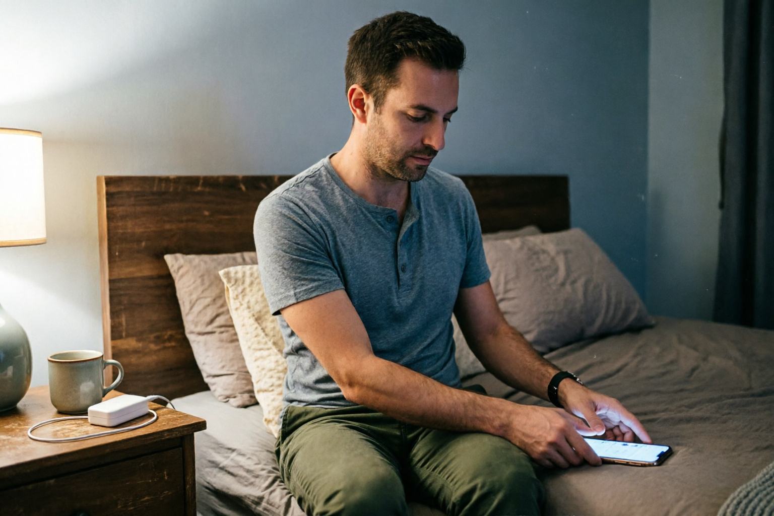 An adult at bedtime setting a phone down before bed instead of keeping it in hand.