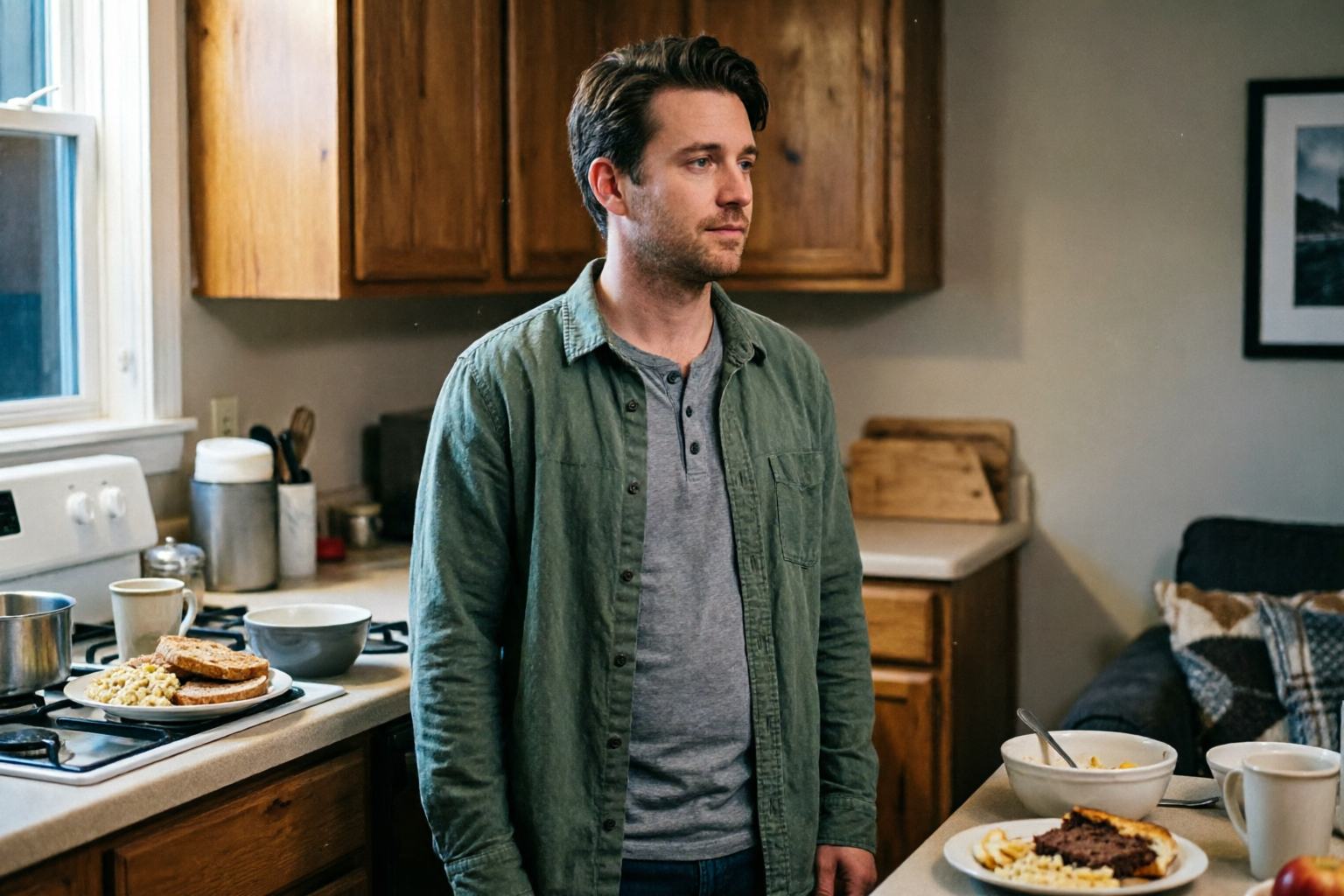 An adult awake in a quiet kitchen at night, pausing before another round of nighttime eating.