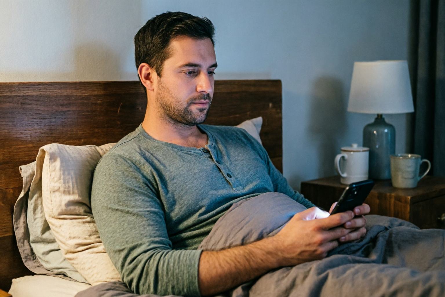 An adult in bed at night trying to stop scrolling on a phone and put the device farther away.
