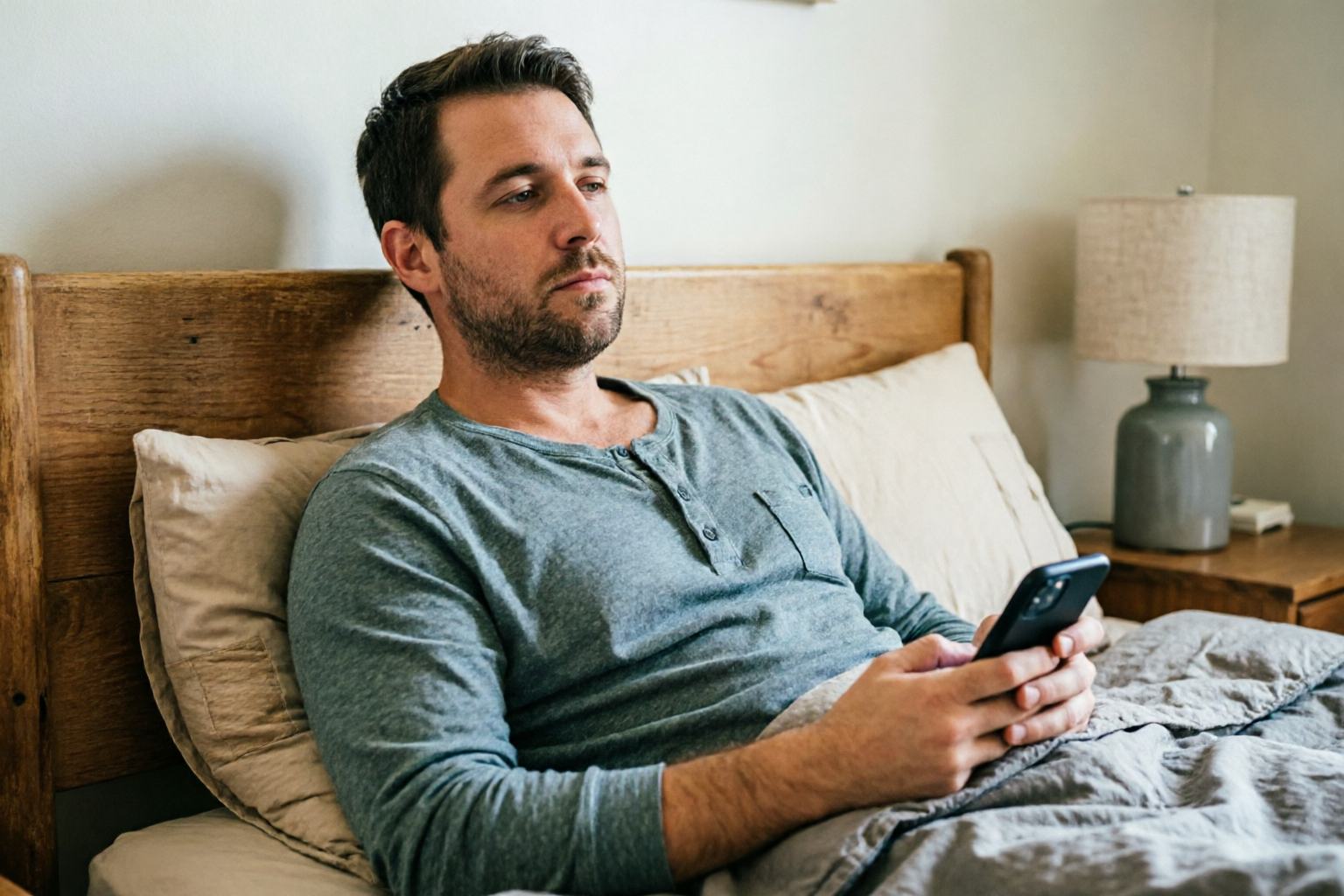 A tired adult on the edge of bed at night with a phone set aside, resisting sleep even while exhausted.