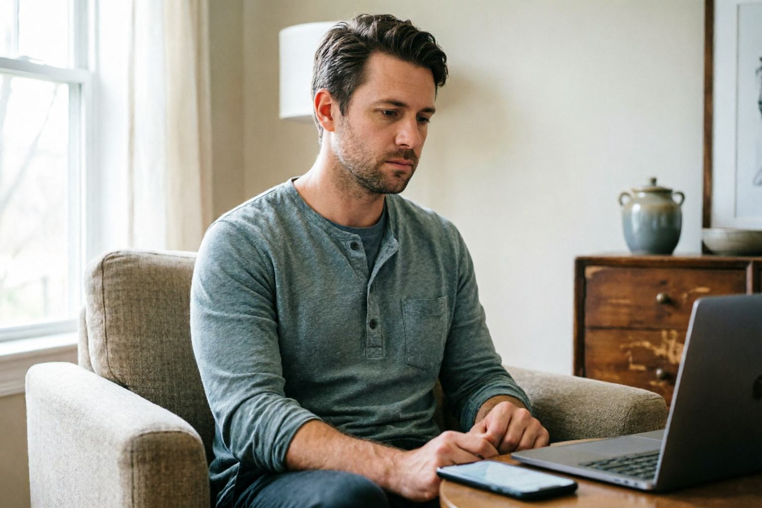 An adult at home noticing buyer's remorse right after a purchase, with the device nearby but the excitement already gone.