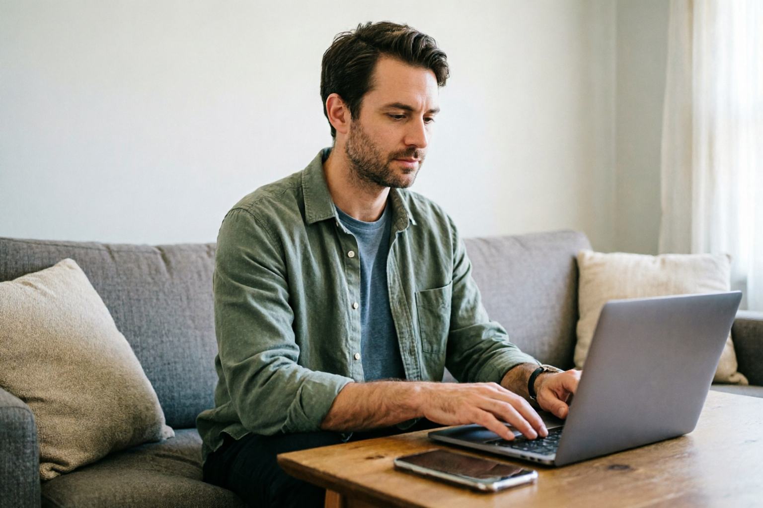 An adult at home pausing before an unnecessary online purchase, with a phone or laptop nearby but checkout interrupted.