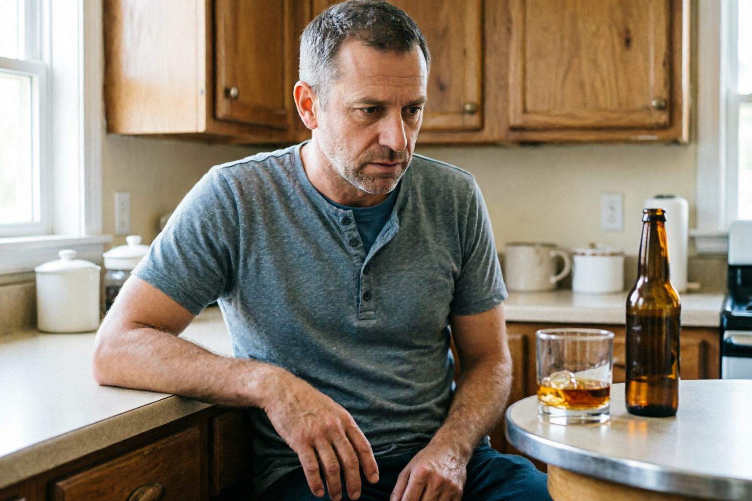 A middle-aged man in a kitchen looking at a drink on the counter, trying not to reach for it.