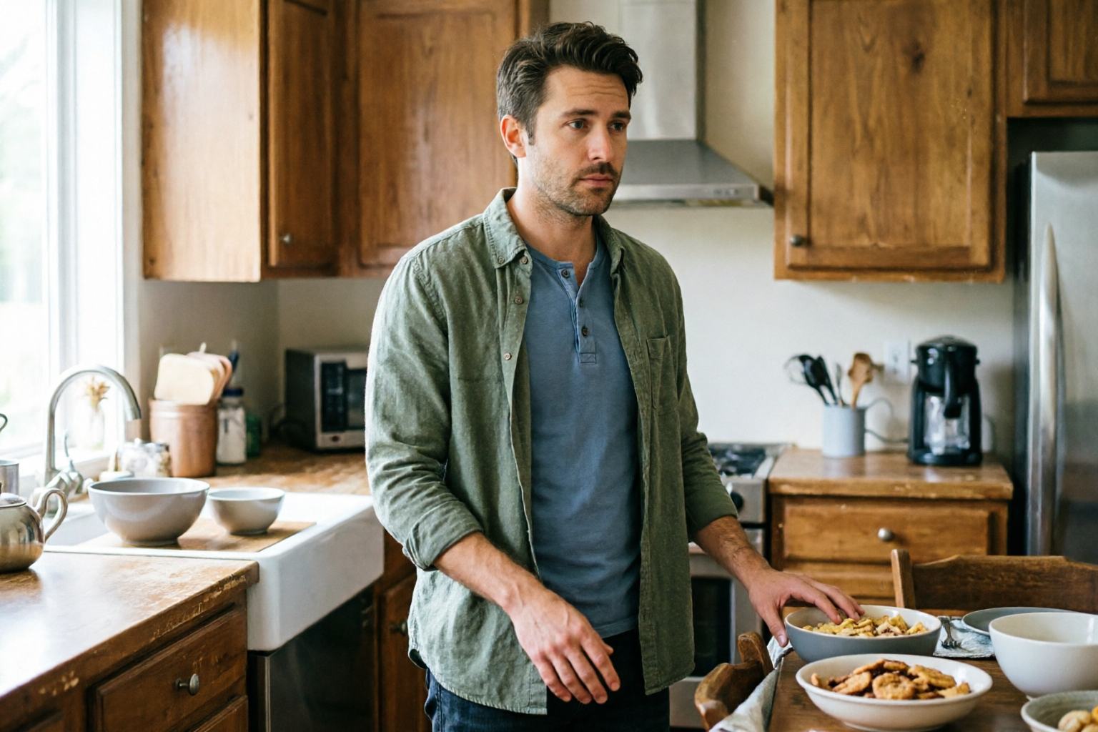 An adult in a home kitchen pausing before reaching for food, aware that the urge is strong even though physical hunger is not there.