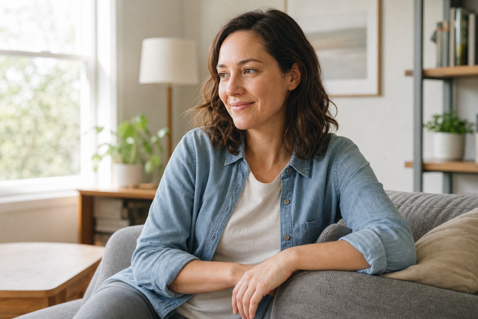 An adult relaxes at home with a relieved smile after letting an urge pass.