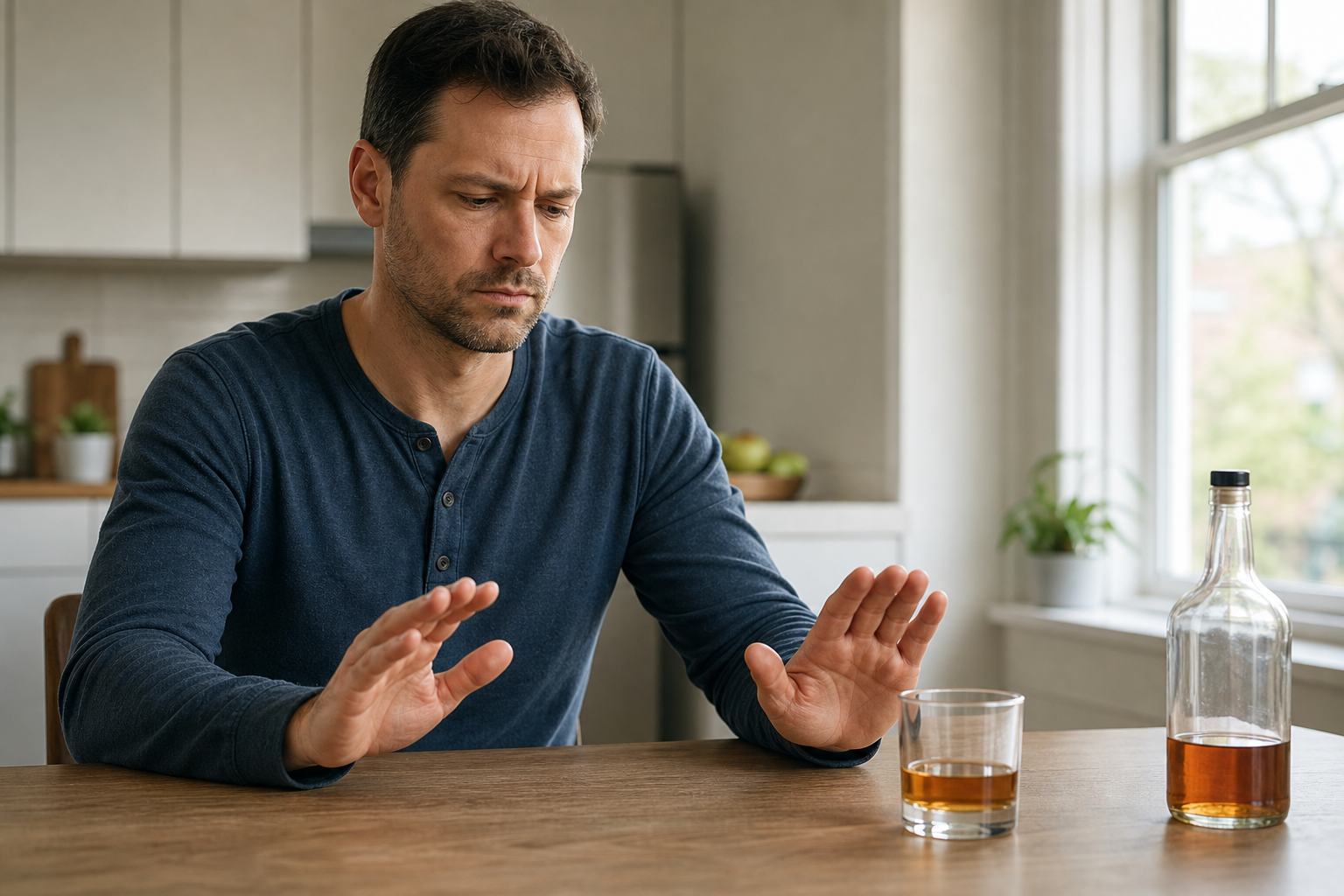 An adult pauses with both hands held back from a drink, looking conflicted but steady.