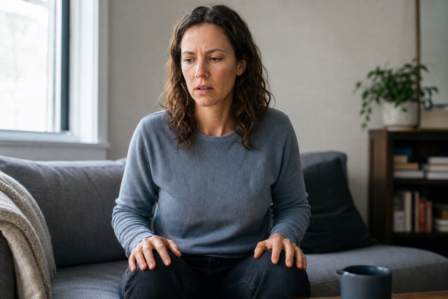 An adult sits through an anxious moment at home, tense but trying to stay grounded.