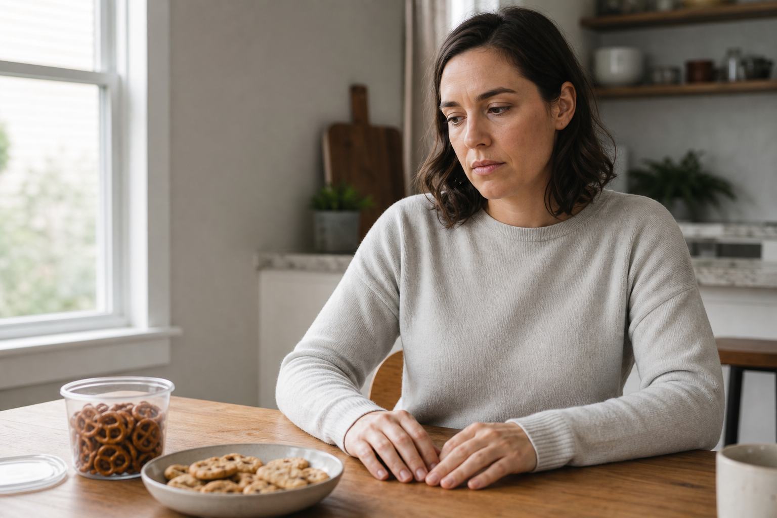 An adult pauses at a kitchen table with snack food nearby, visibly resisting the urge to eat.