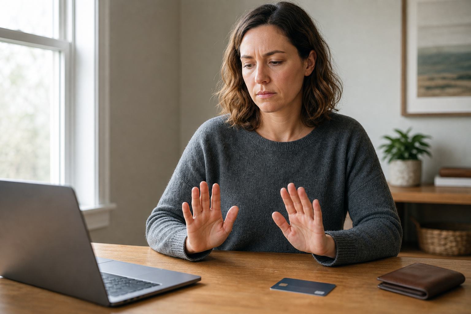 An adult pauses before an online purchase, hands held back from a laptop and payment card.