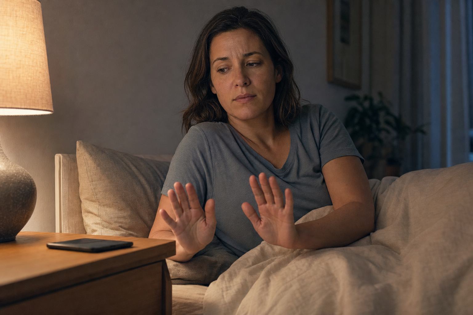 An adult pauses in bed with both hands away from a phone on the nightstand.