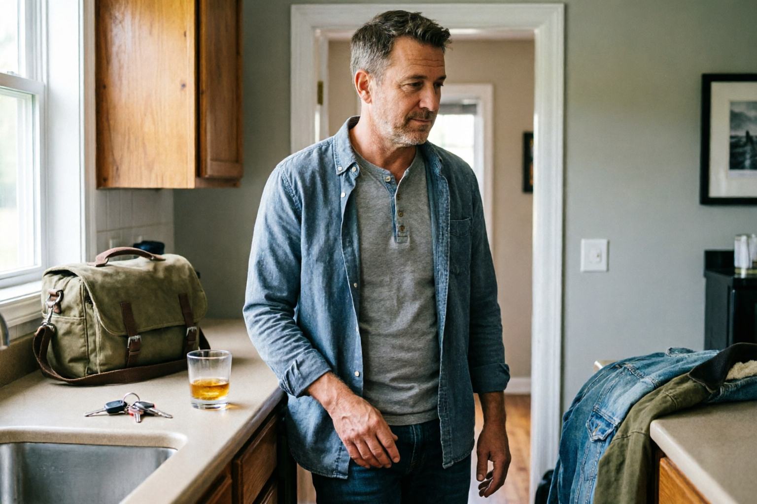 A man just home from work pausing in the kitchen, with keys and a bag nearby and a drink on the counter he has not touched.