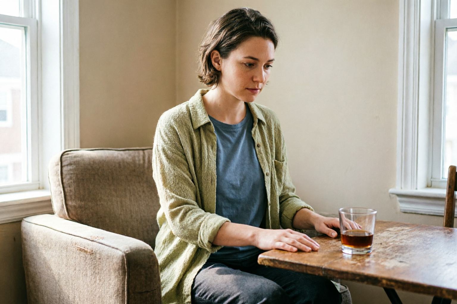 A woman alone at home looking at a drink on a side table, with no one else there and her hands kept away from it.