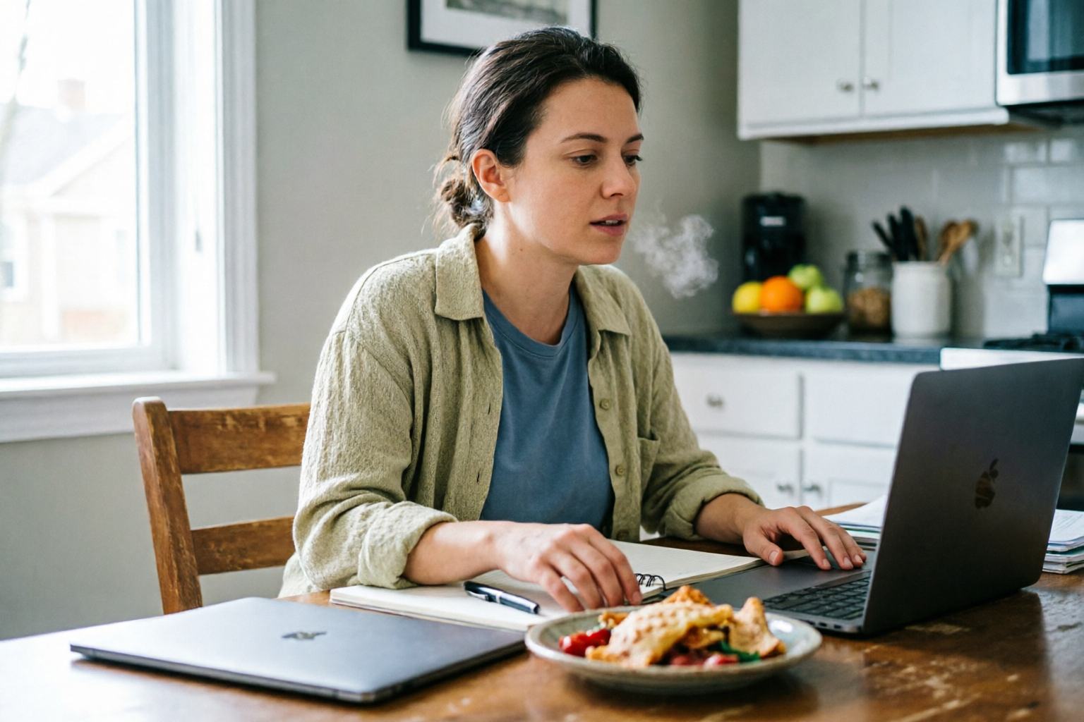 A stressed adult at a kitchen table or desk, pausing before junk food while trying to settle the body first.
