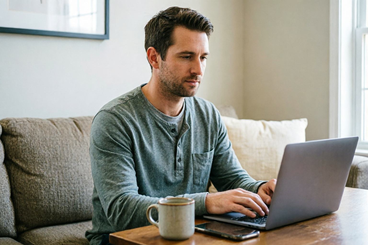 An adult at home noticing a familiar shopping pattern, with browsing paused before another unnecessary purchase.