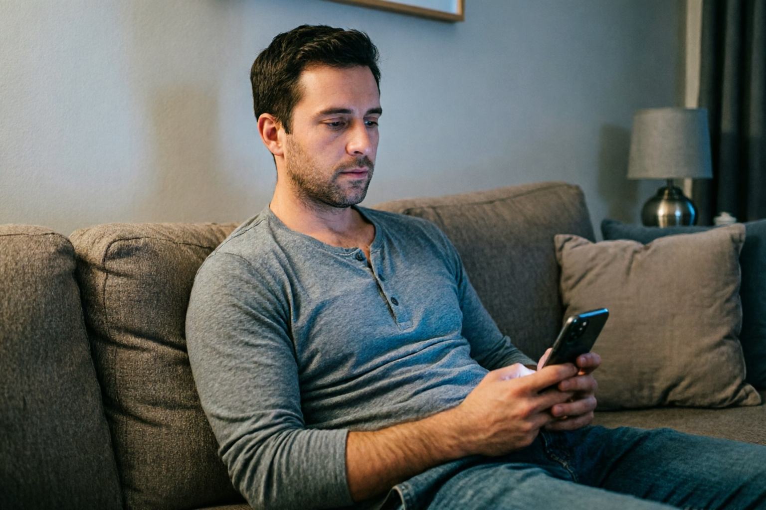 An adult awake later than intended, tired at night with a phone nearby but not actively in use.