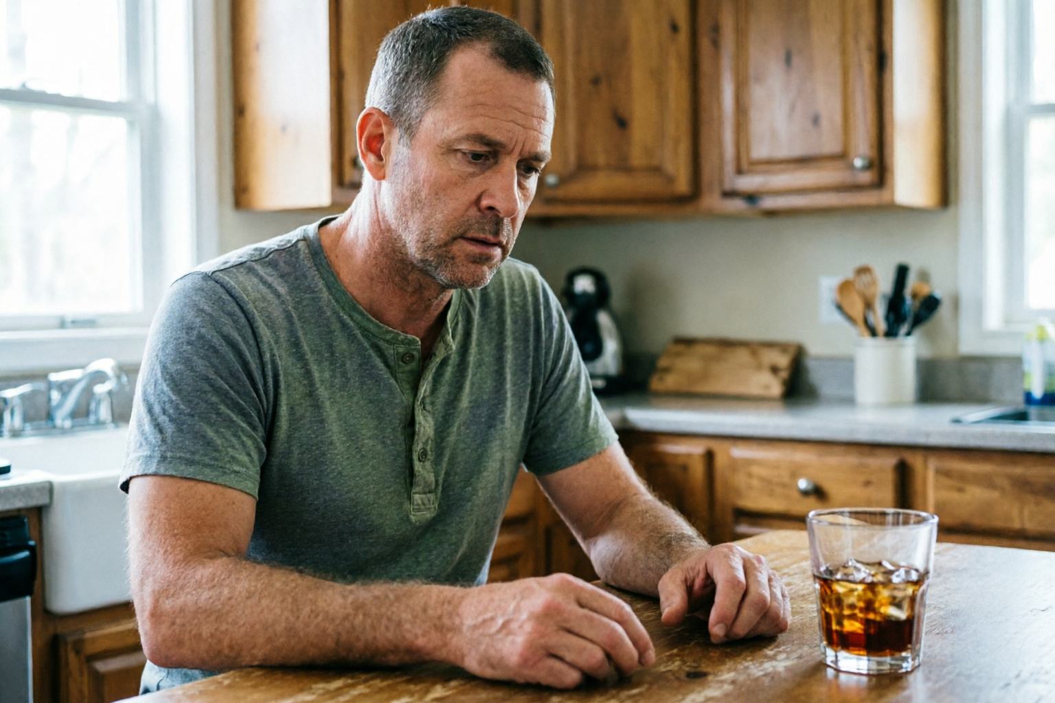 A man at a kitchen counter looking at a drink he moved away, trying to make sense of why the urge feels so strong.
